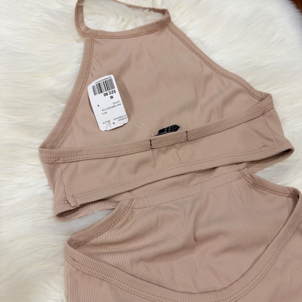 Forever 21 Womens Ribbed Knit Halter Bodysuit Coffee Tan Side Cutouts Size M NEW - Picture 8 of 10